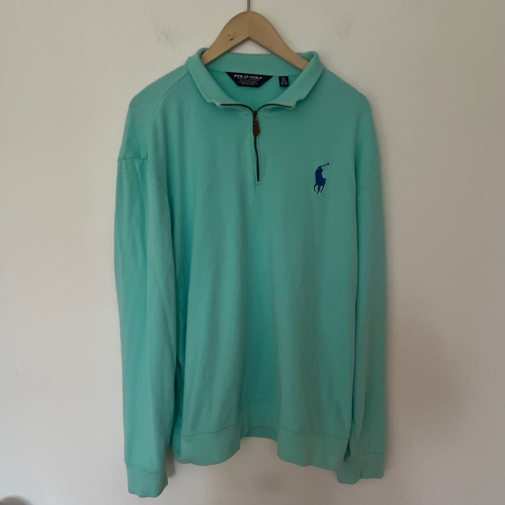 Polo Golf Ralph Lauren Mens XL Turquoise Cotton Quarter Zip Pullover Sweater